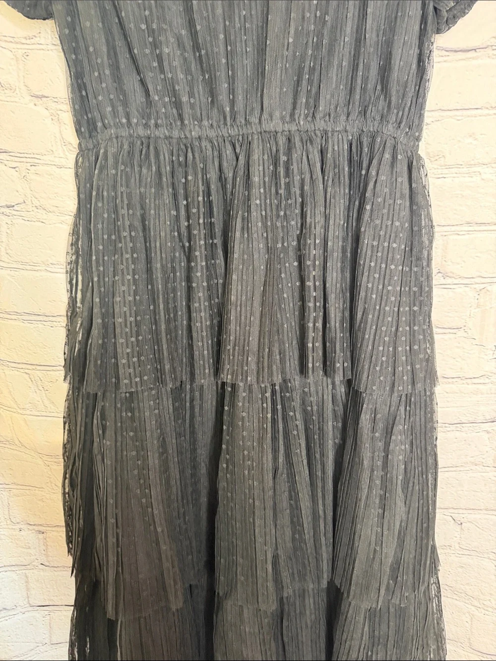 J. Crew Black Sheer Dot Tiered Midi Dress with Puff Sleeves Size 8